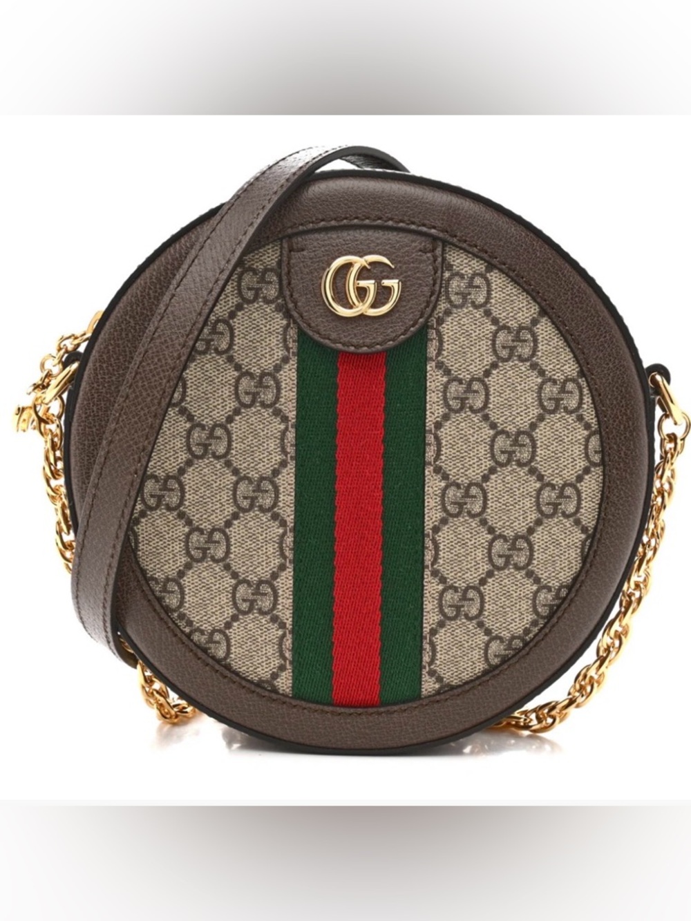 Gucci Brown/Tan Round Crossbody with Green-Red Web Stripe